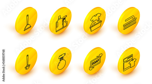Set line Washer and t-shirt, Bar of soap with foam, Toilet brush, Brush for cleaning, Plastic basin suds, bottles liquid dishwashing liquid and plunger icon. Vector