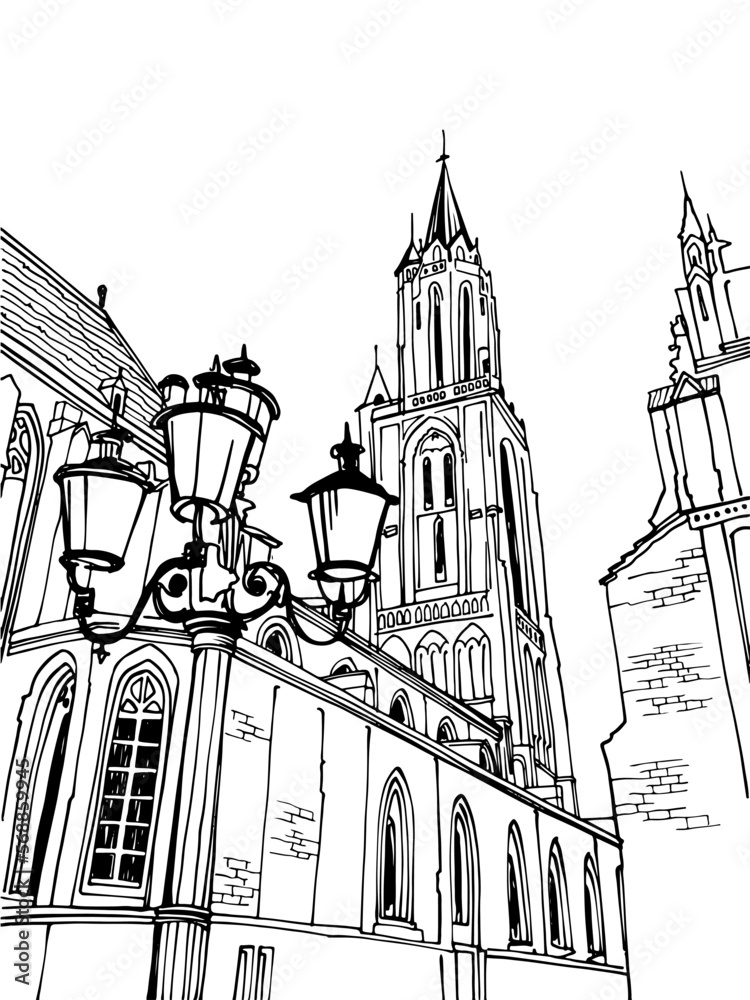 Nice view of ancient European architecture. Hand drawn sketch style. Vintage street lamps. Vector illustration.