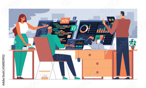 Data scientists, software engineer, statistician, programmers, visualizer and analyst working on a project. Big Data analysis concept. Professional team working together.