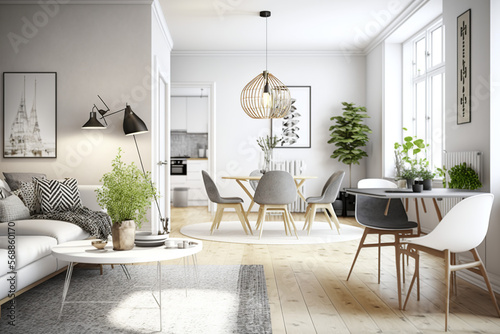 Illustration of the interior design of a modern Scandinavian apartment  living room with beige sofa and dining room  panorama 3d rendering generative AI tools