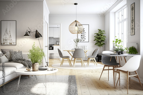 Illustration of the interior design of a modern Scandinavian apartment, living room with beige sofa and dining room, panorama 3d rendering generative AI tools