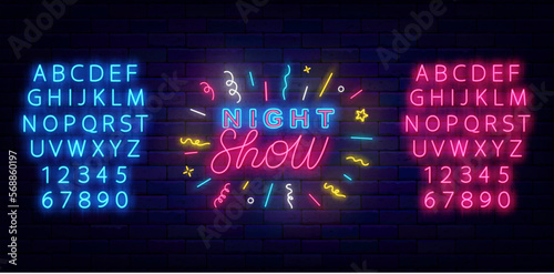 Night show neon signboard. Dusk performance flyer. Luminous blue and pink alphabet. Vector stock illustration
