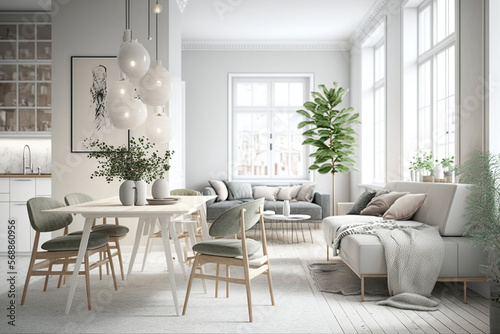 Illustration of the interior design of a modern Scandinavian apartment  living room with beige sofa and dining room  panorama 3d rendering generative AI tools