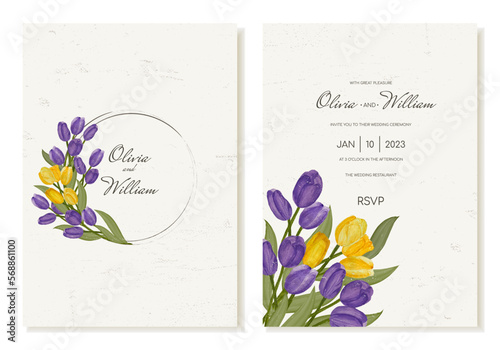 Spring wedding invitation with bright yellow and purple tulips in vintage style with scuffs. Vector template