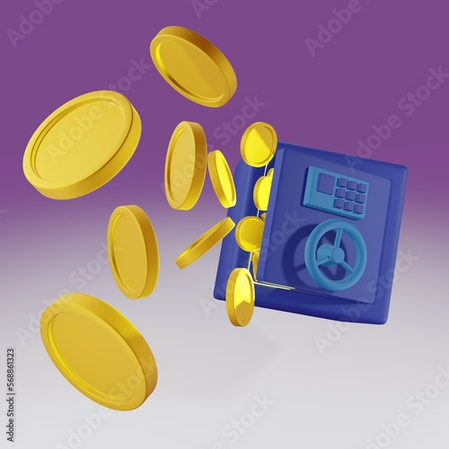 Open safe with flying gold coins. Safeness deposit concept, financial security. Raster cartoon 3d illustration.