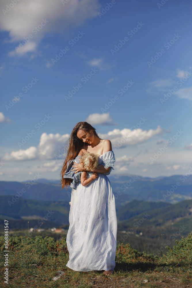 Mother and daughter and mountain views