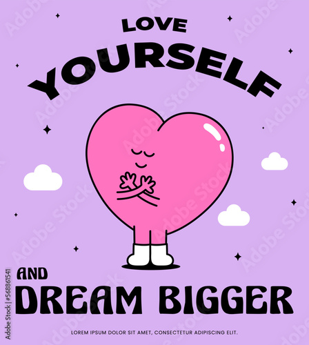 Love yourself concept. Happy valentine's day Typography poster. Hippie 60s 70s retro style. Y2K aesthetic. funny cartoon character. Cute heart banner. Groovy template, Trendy Vector illustration. photo