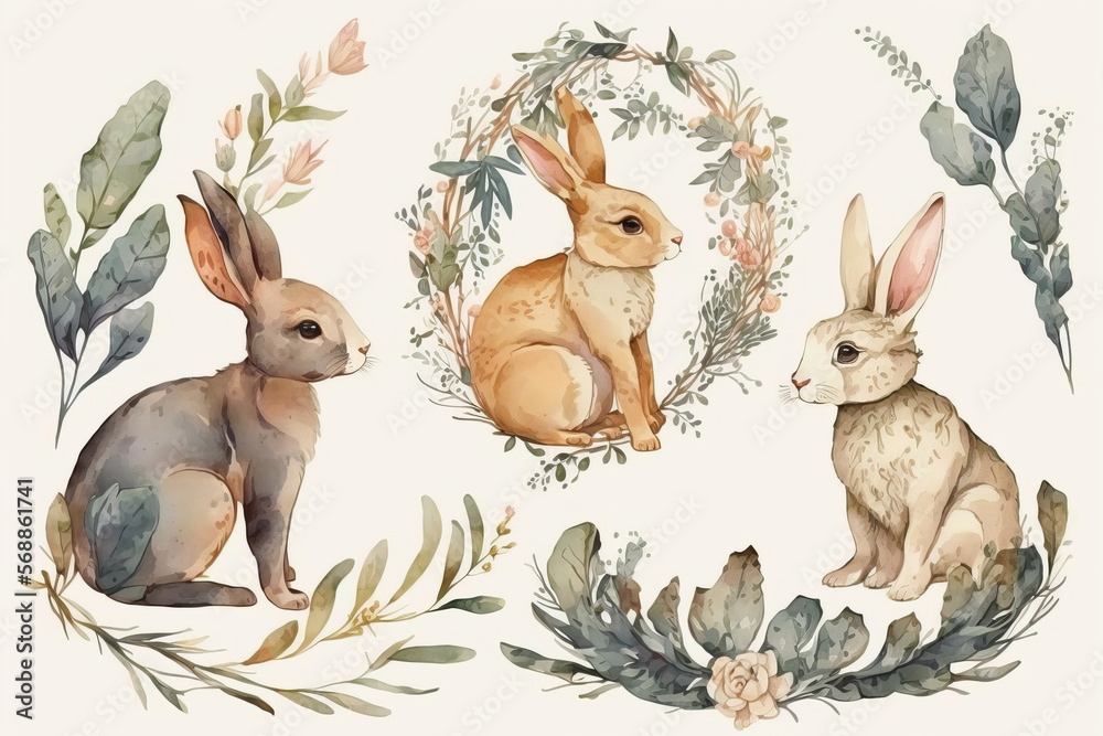 Fototapeta premium Hand drawing easter watercolor cartoon bunnies. Generative AI. 