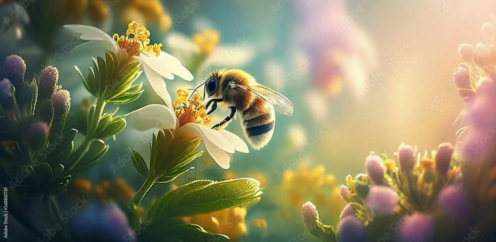Honey bee sits on a flower and collects nectar. Close-up of a working insect. Seasonal background surrounded by the beautiful light of the rising sun. Moody light. Spring time. Generative AI. - obrazy, fototapety, plakaty 