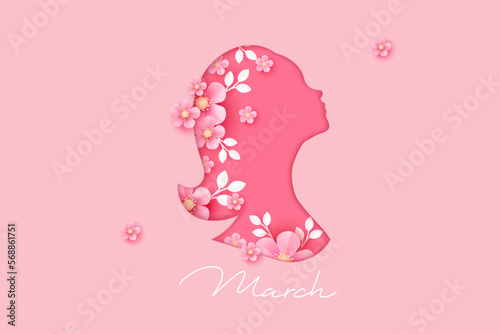 8 March.  International Women's Day greeting card. Paper art pink flowers, leaves, woman silhouette. 