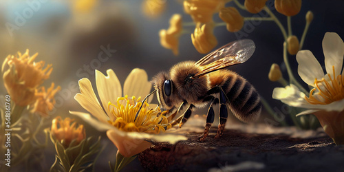 Honey bee sits on a flower and collects nectar. Close-up of a working insect. Seasonal background surrounded by the beautiful light of the rising sun. Moody light. Spring time. Generative AI.