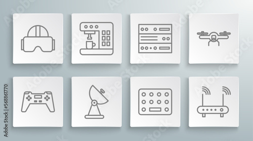 Set line Gamepad, Coffee machine, Radar, Pills blister pack, Router and wi-fi signal, Server, Data, Web Hosting, Drone flying and Virtual reality glasses icon. Vector
