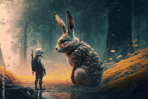 A rabbit looking at a soldier, fantasy, in a forest
