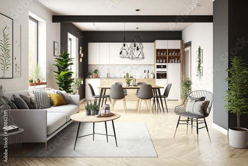 Illustration of the interior design of a modern Scandinavian apartment, living room with beige sofa and dining room, panorama 3d rendering generative AI tools