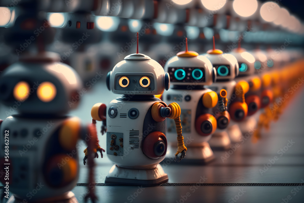 Humanoid robots on assembly lines for production in a factory. Concept of artificial intelligence for industrial revolution automation manufacturing process. Generative AI technology. Humanoid robots on assembly lines for production in a factory. Concept of artificial intelligence for industrial revolution automation manufacturing process. Generative AI technology.