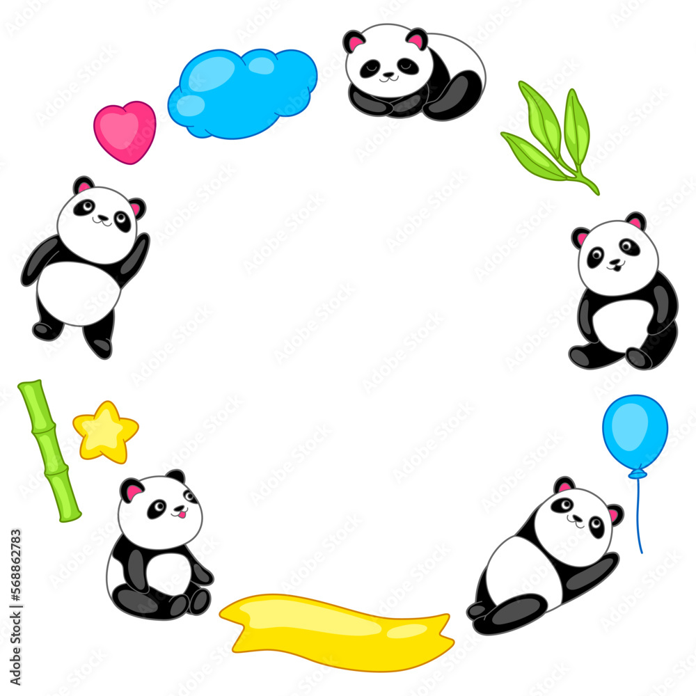 Obraz premium Frame with cute kawaii little pandas. Funny characters and decorations in cartoon style.
