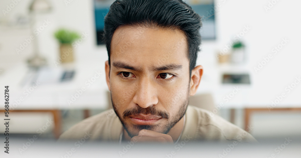 Asian man, face thinking and idea with computer, planning and brainstorming for success in programming. Tech startup worker, executive focus and solution with innovation by desktop pc in workplace Asian man, face thinking and idea with computer, planning and brainstorming for success in programming. Tech startup worker, executive focus and solution with innovation by desktop pc in workplace