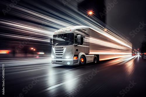 A truck speeding in the city at night with taillights giving a speed impression, generative AI