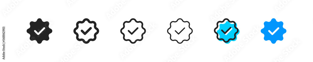 Obraz premium Quality assurance set of six icons in different styles. Check mark, blue, confirmation, official, fake, reliable, correct, official account. Reliability concept. Set of vector icons isolated