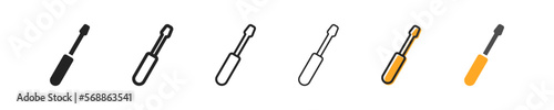 Screwdriver set of six icons in different styles. Screw, twist, tighten, repair, fix, adjust, technology, disassemble equipment, unscrew the cover, parameters. Tools concept. Set of vector icons