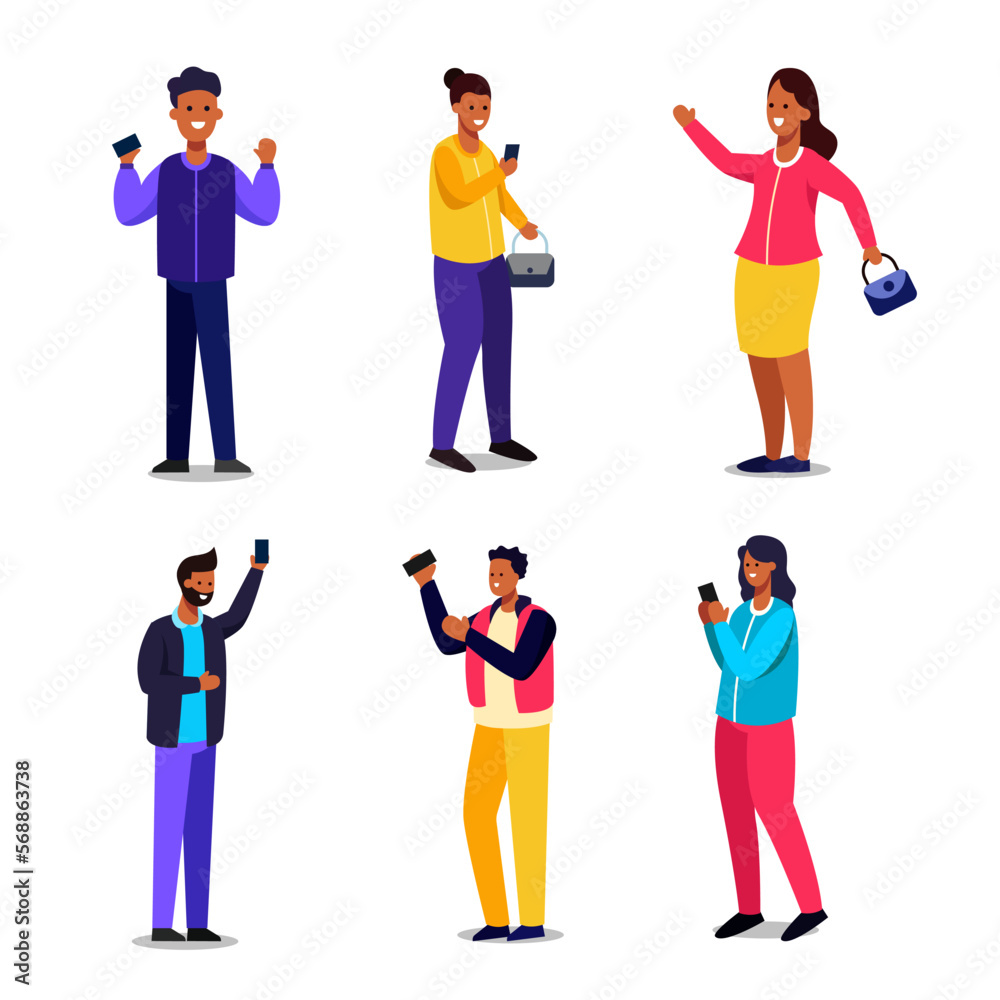 Set of people in cartoon characters with different gesture flat vector