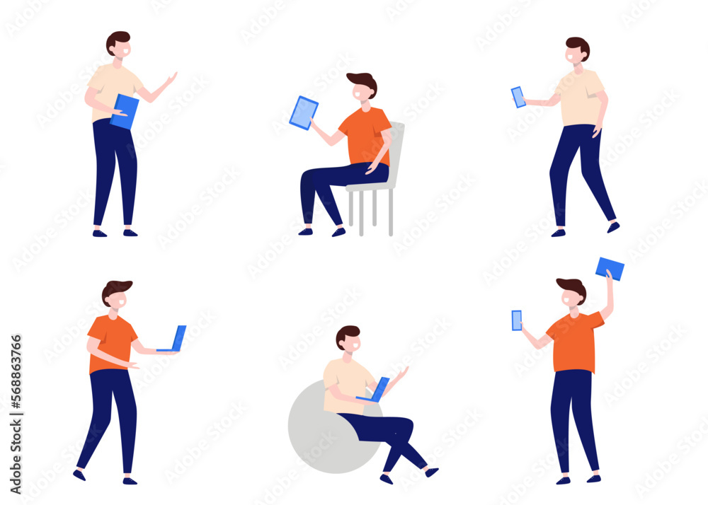 Set of man use technology device in cartoon character flat vector