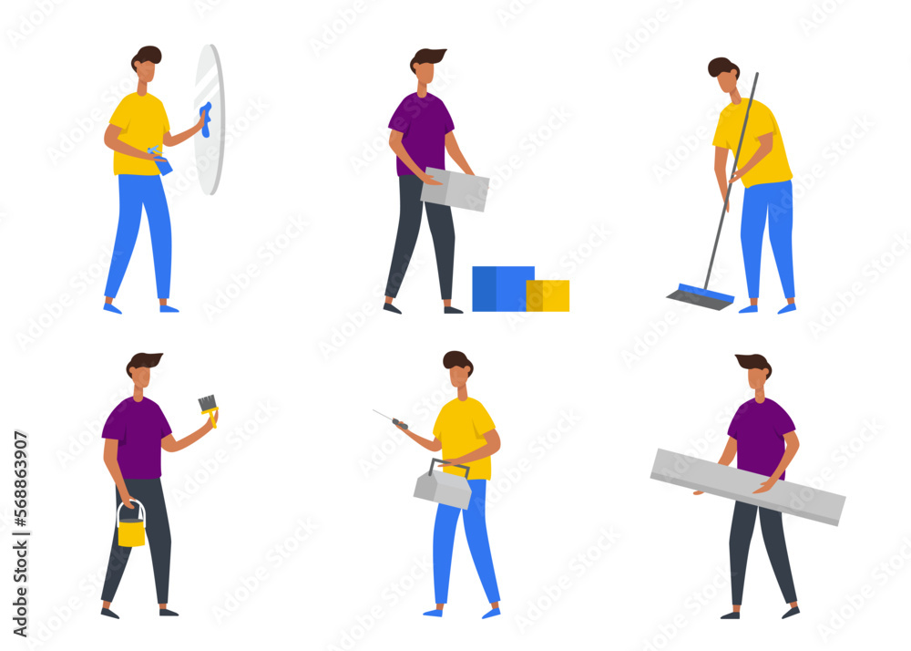 Set of man with activity in cartoon character flat vector