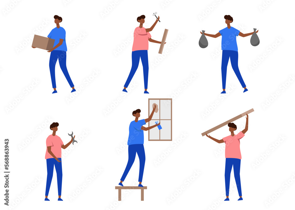 Set of man with activity in cartoon character flat vector Set of man with activity in cartoon character flat vector