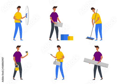 Set of man with activity in cartoon character flat vector