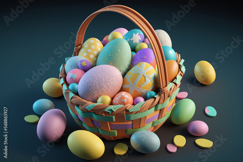 Happy Easter basket and many pastel color Easter eggs. Generative AI. 