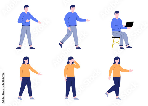 Set of woman and man with activity in cartoon character flat vector