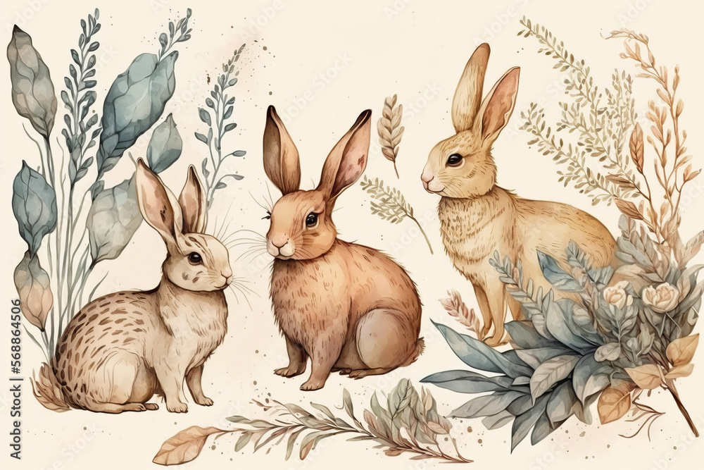 Fototapeta premium Hand drawing easter watercolor cartoon bunnies. Generative AI. 