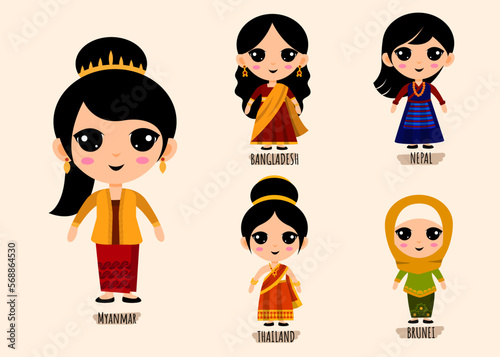 Set Of Woman In Traditional Asian Clothing cartoon characters
