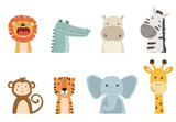 Set of cute safari animals isolated on white background.