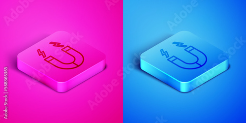 Isometric line Magnet icon isolated on pink and blue background. Horseshoe magnet, magnetism, magnetize, attraction. Square button. Vector