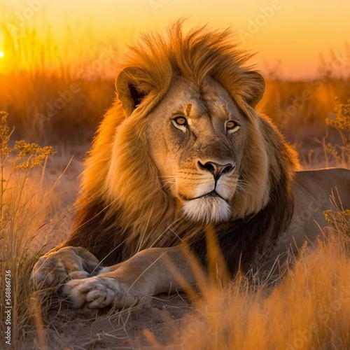 A lion pride lounging in a grassy field in the golden hour of sunset