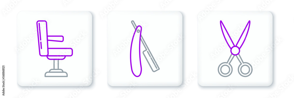 Set line Scissors hairdresser, Barbershop chair and Straight razor icon. Vector