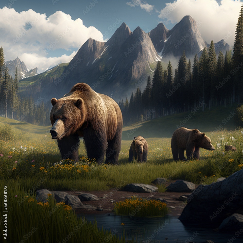A family of grizzly bears foraging for food in a meadow A family of grizzly bears foraging for food in a meadow