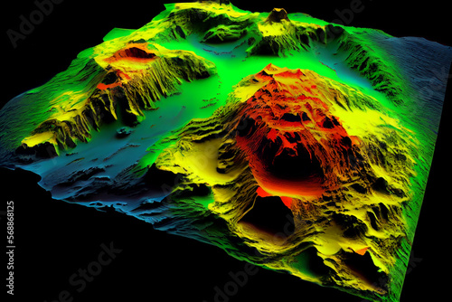 GIS 3D lidar map, a model of the earth's surface obtained after processing data from an unmanned aerial vehicle during tremors and earthquakes, the movement of lithospheric plates. Generative AI photo