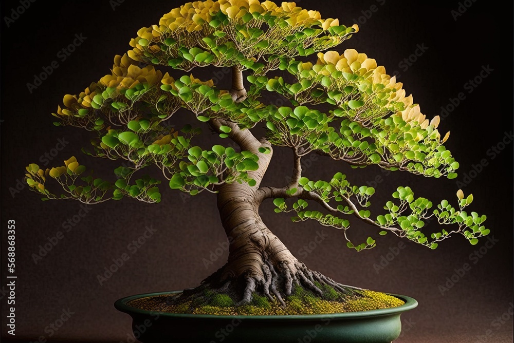 green ginkgo bonsai trees with fanshaped leaves, often known as Ginkgo