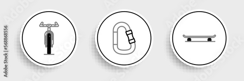 Set line Skateboard, Bicycle and Carabiner icon. Vector