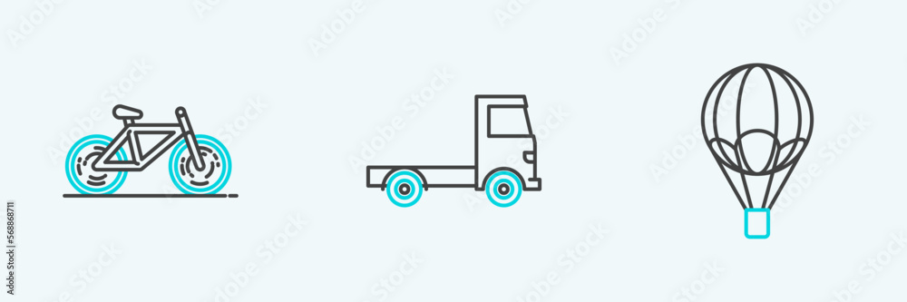 Obraz premium Set line Hot air balloon, Bicycle and Delivery cargo truck vehicle icon. Vector