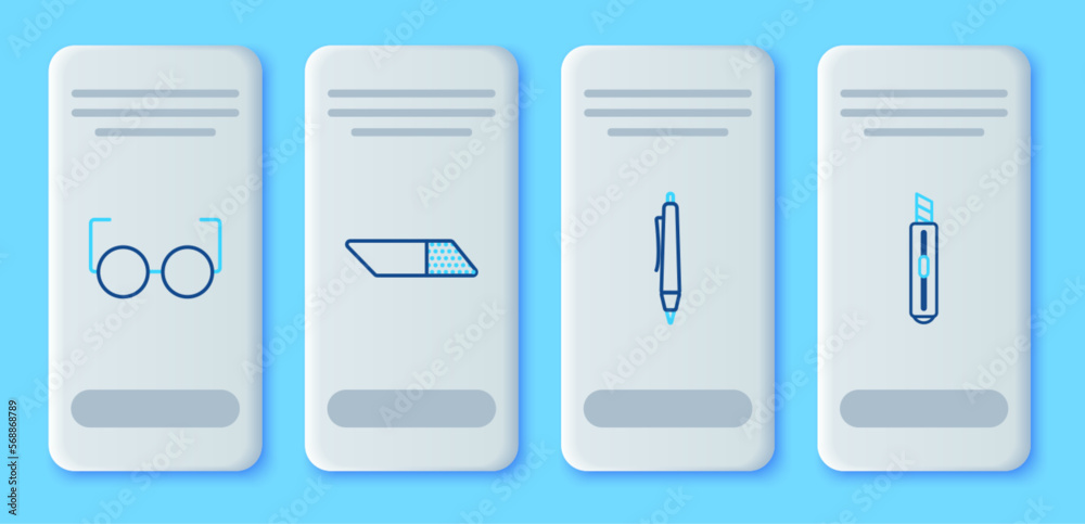 Set line Eraser or rubber, Pen, Glasses and Stationery knife icon. Vector