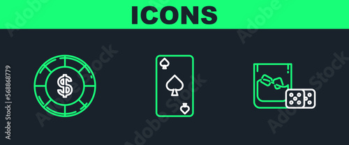 Set line Game dice and glass of whiskey with ice cubes, Casino chip dollar symbol and Playing card spades icon. Vector