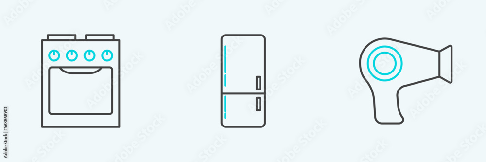 Set line Hair dryer, Oven and Refrigerator icon. Vector Set line Hair dryer, Oven and Refrigerator icon. Vector