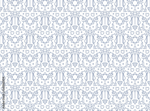 Jewish seamless pattern with linear star of David, palm tree and lion, vector illustration