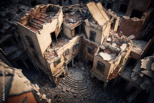 Earthquake aftermath in Turkey, Turkish victims, high-rise buildings, top view, destroyed houses, buildings, strong earthquake. Generative AI photo