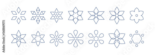 Six-pointed Jewish stars of David shaped geometric flowers in outline style, big set vector illustration with editable stroke