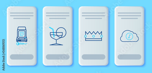 Set line Martini glass, Crown, Karaoke and Music streaming service icon. Vector