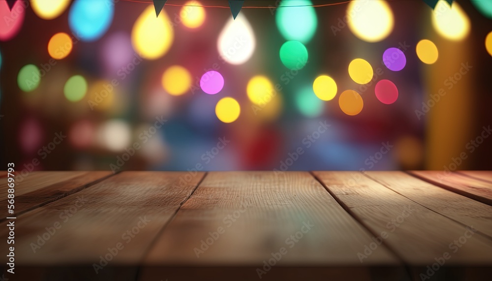 Empty wooden table top whit party birthday  background blurred, good for product display, by ai generative